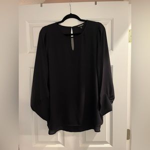 Express: Black Long Sleeve Blouse with See-Through V in Front and Open Sleeves